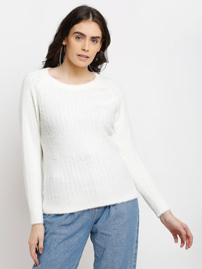 Women Off White Knitted Solid Round Neck Pullover