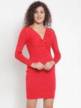 Women Solid Red V-Neck Dress