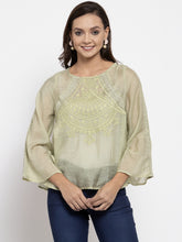 Women Embroidered Green Organza Round Neck Top