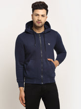 Men Navy Blue Hosiery Solid Hooded Sweatshirt