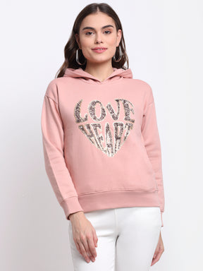 Women Pink Hooded Printed Hosiery Sweatshirt