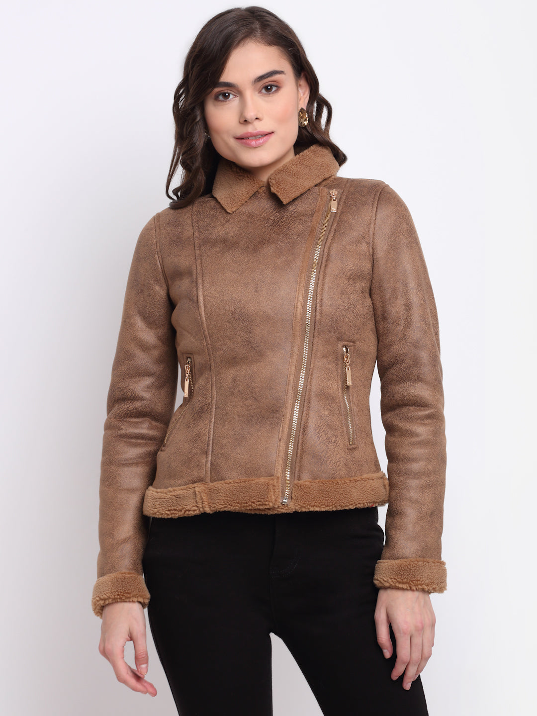 Women Brown Collared Solid Jacket