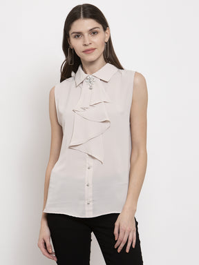 Ladies Beige collar draped Blouson Top