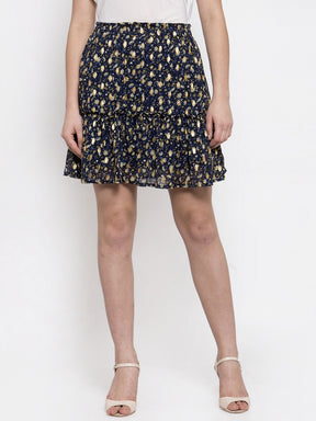 Women Navy Blue Foil Printed Mini Skirt