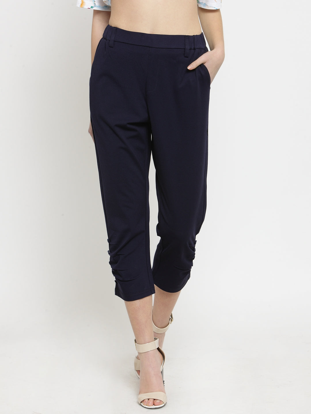 Women Tapered Fitted Solid Navy Blue Capri