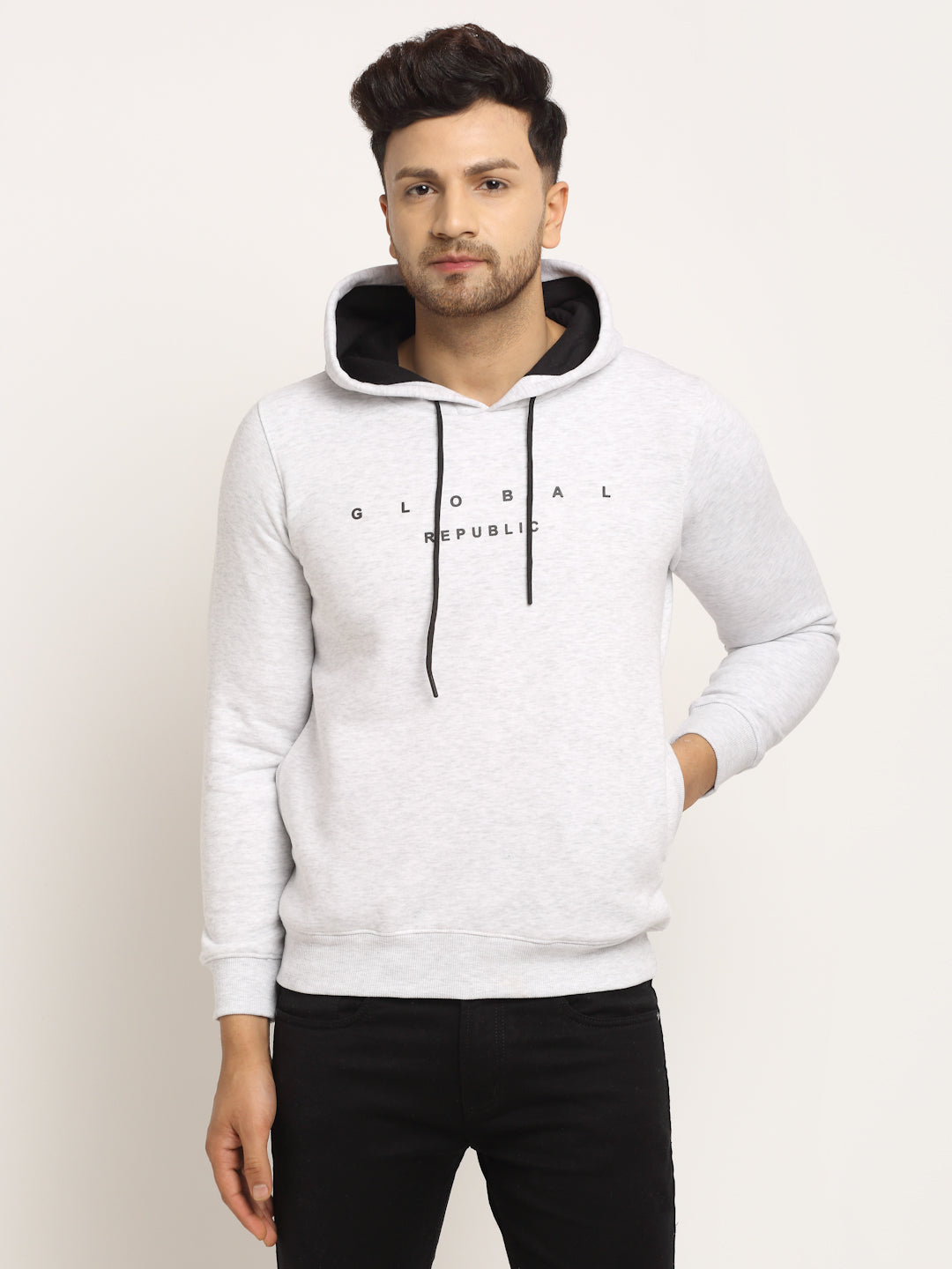 Men Beige Hood Hosiery Solid Sweatshirt