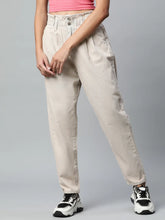 Women Tapered Full Length Beige Paper Waist Jeans