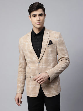 Mens Beige Tailored Fit Textured Check Pattern Coat