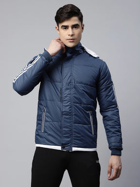 Mens Navy Blue Detachable Hood Puffer Jacket