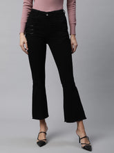 Women Black Rexine Detail Bootcut High Rise Jeans