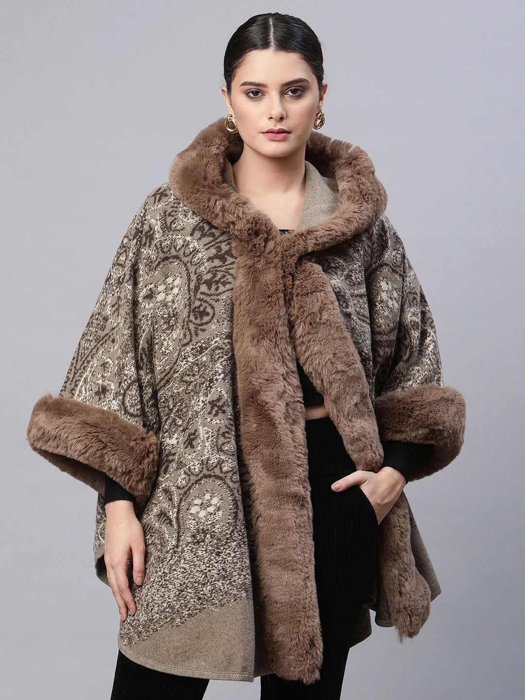 Brown Printed Loose Fit Acrylic Cape