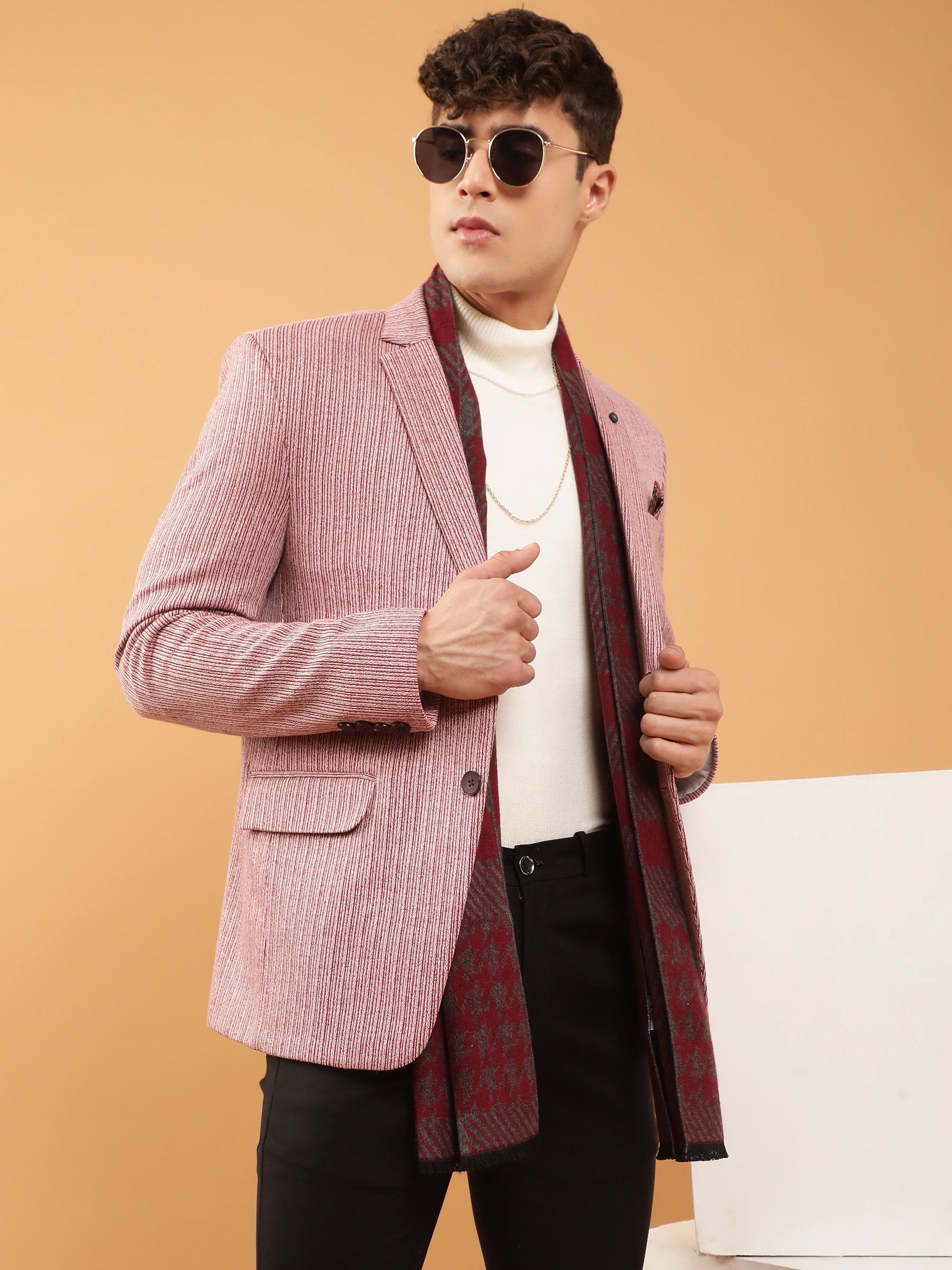 Mens Maroon Tailored Fit Textured Striped Pattern Coat