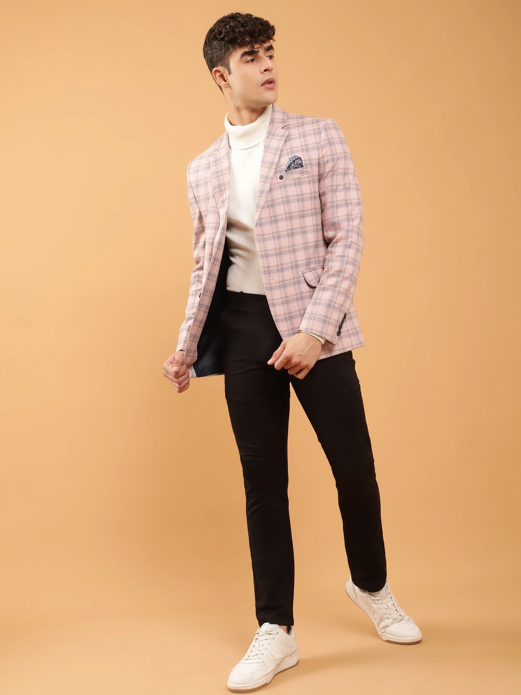 Mens Pink Tailored Fit Contrast Plaid Coat