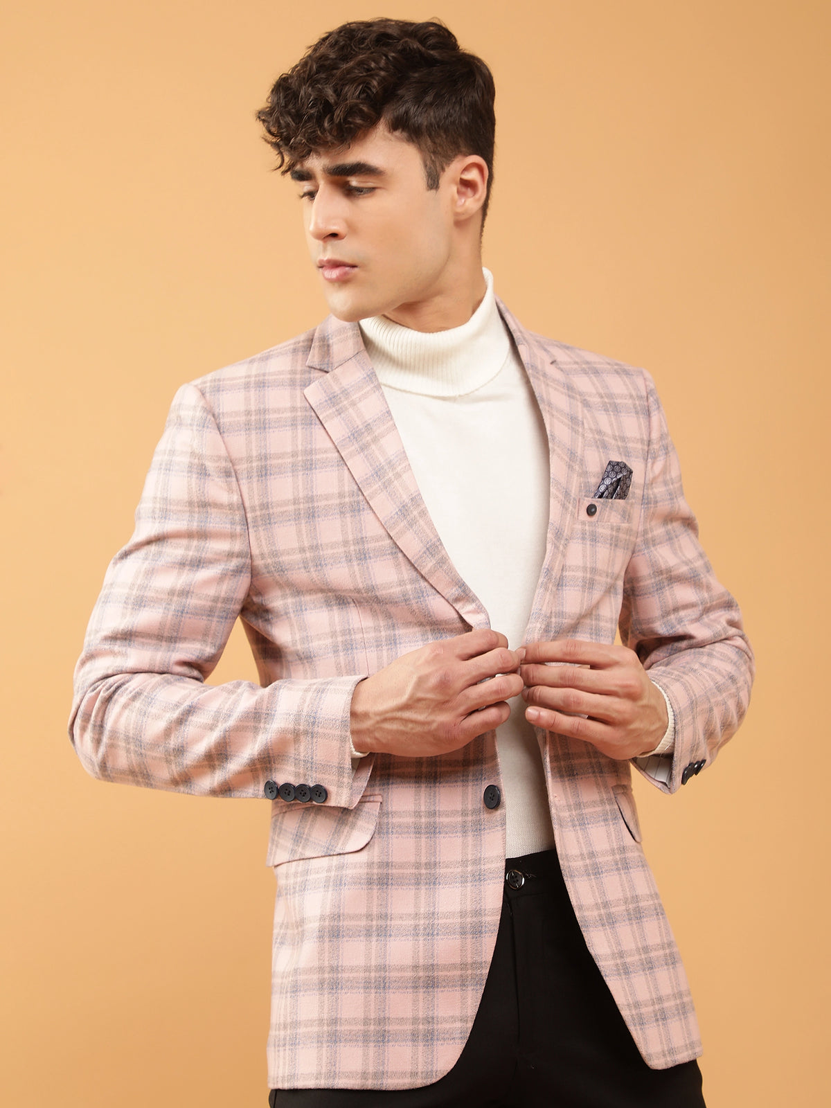 Mens Pink Tailored Fit Contrast Plaid Coat