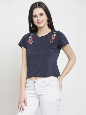 Women Navy Blue Printed Round Neck Regular Fit T-Shirts