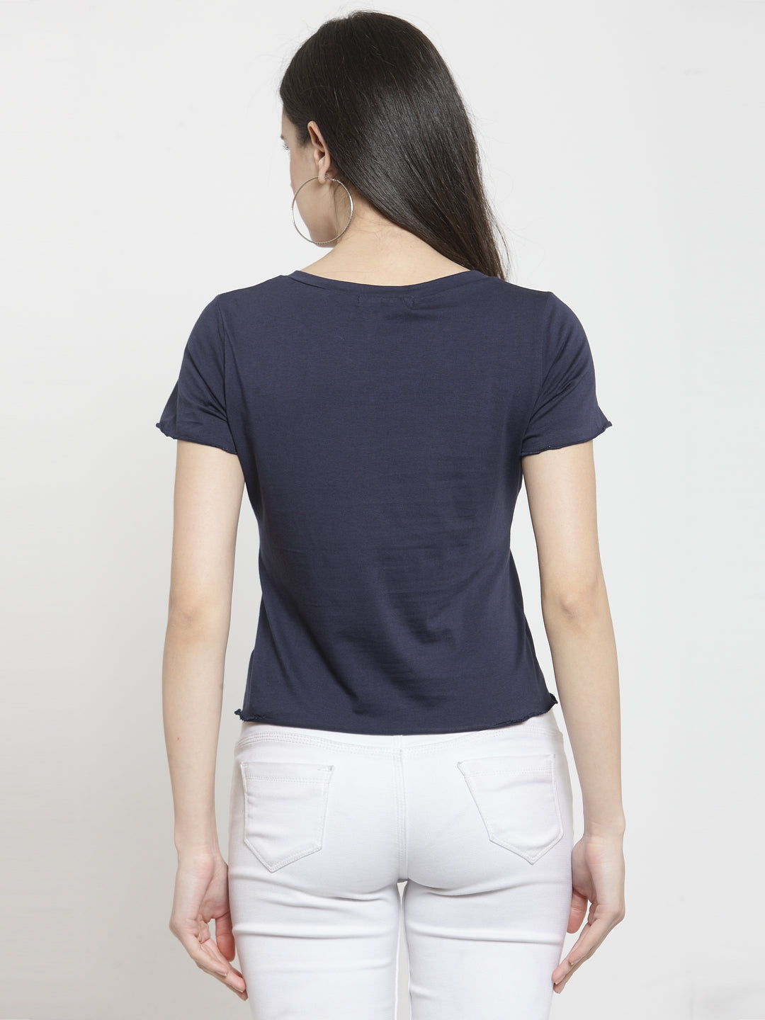 Women Navy Blue Printed Round Neck Regular Fit T-Shirts