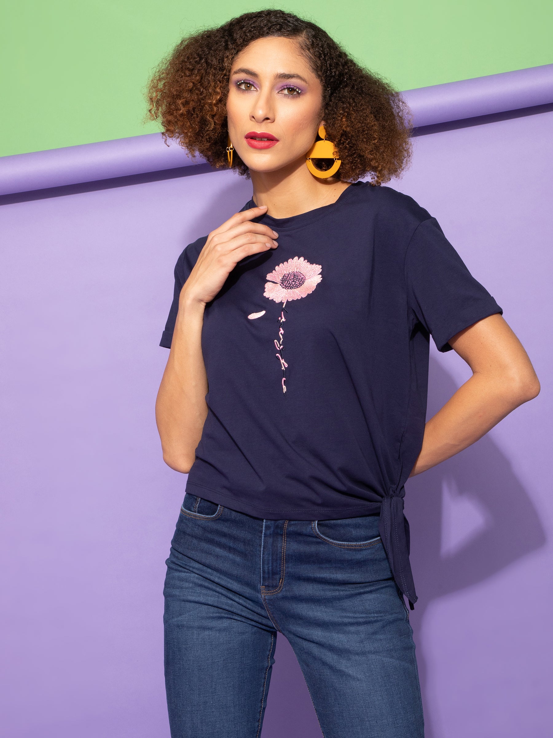 Women Embroidered Navy Blue Cotton Regular Fit Top