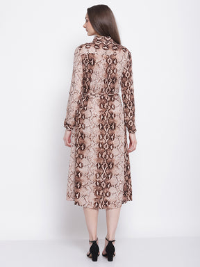 Women White & Brownish Print Cobray Snake Print Knee Length Dress