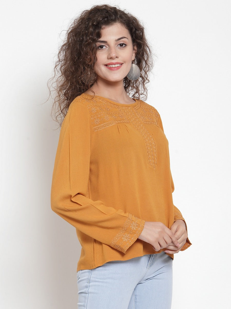 Women Mustard Chikan Embroidered Blouson Top