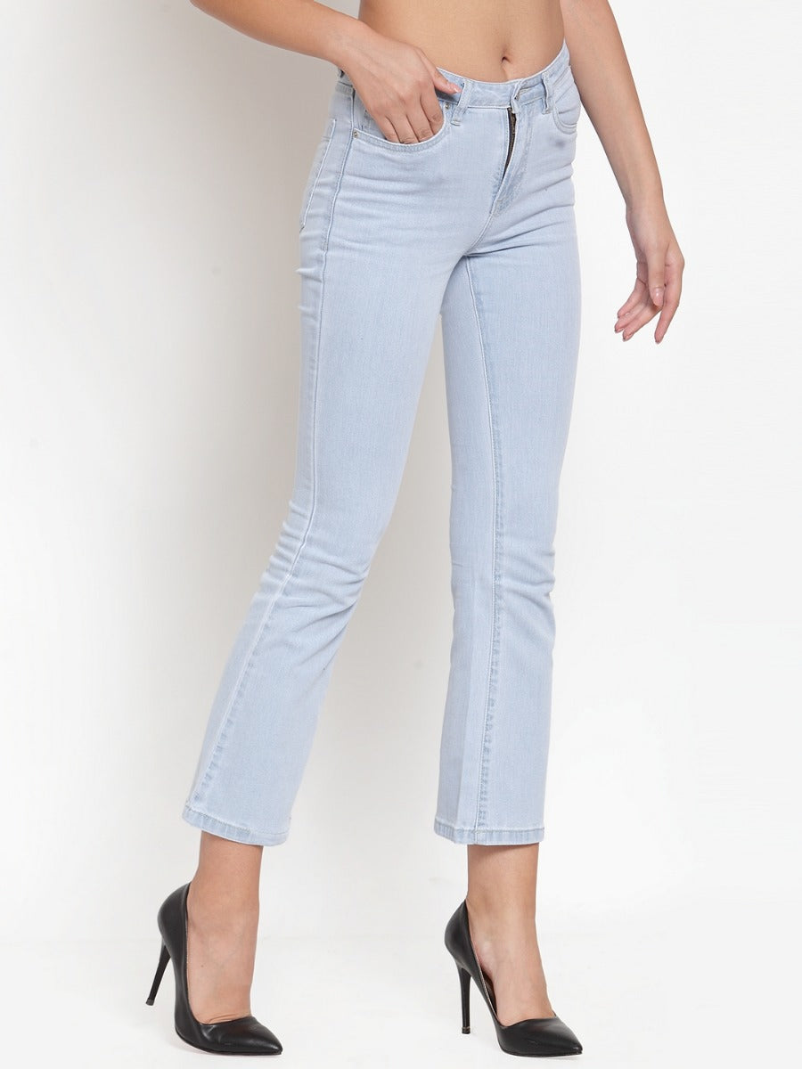 women light blue denim relaxed fitted capri