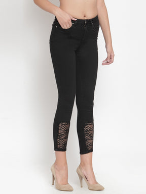 Women Black Denim Jeans With Lace