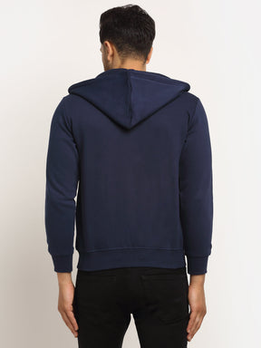 Men Navy Blue Hosiery Solid Hooded Sweatshirt