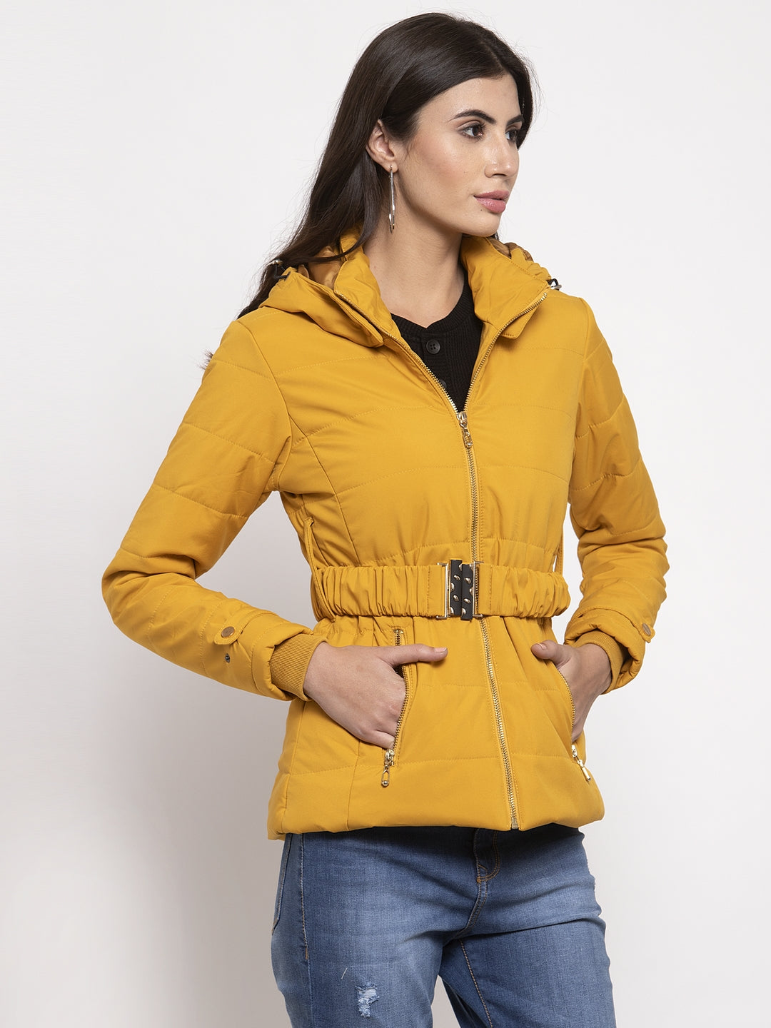 Women Mustard Solid Hooded Jacket