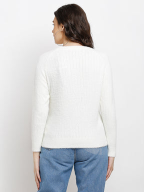 Women Off White Knitted Solid Round Neck Pullover