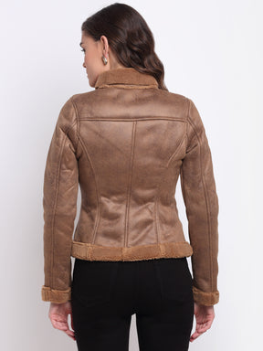 Women Brown Collared Solid Jacket