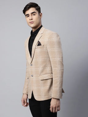 Mens Beige Tailored Fit Textured Check Pattern Coat