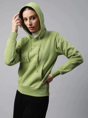 Women Green Kangaroo Pocket Elephant Loose Fit Fleece Sweatshirt