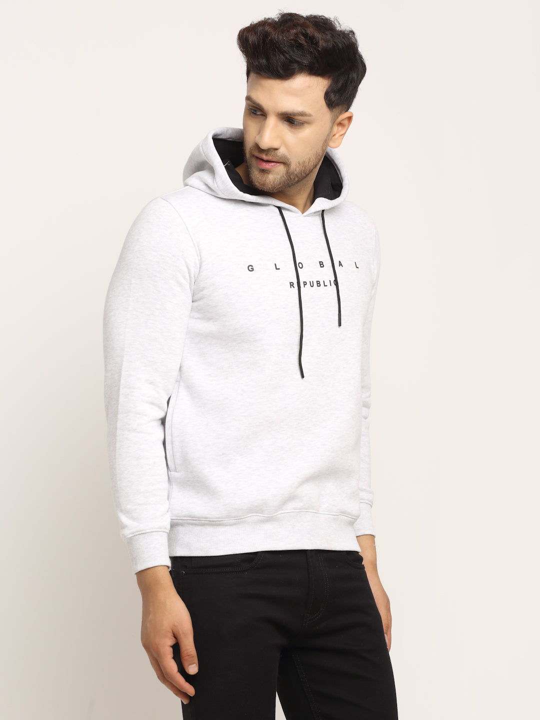 Men Beige Hood Hosiery Solid Sweatshirt