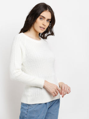 Women Off White Knitted Solid Round Neck Pullover