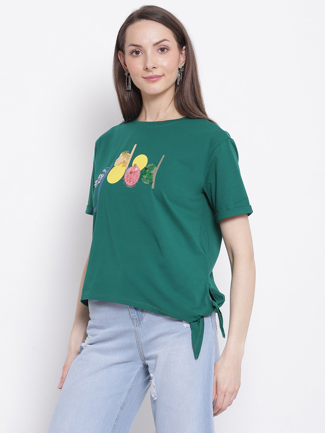 Women Green Printed Top with Knot Details at Hem