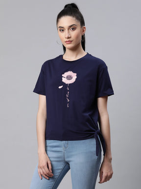 Women Embroidered Navy Blue Cotton Regular Fit Top