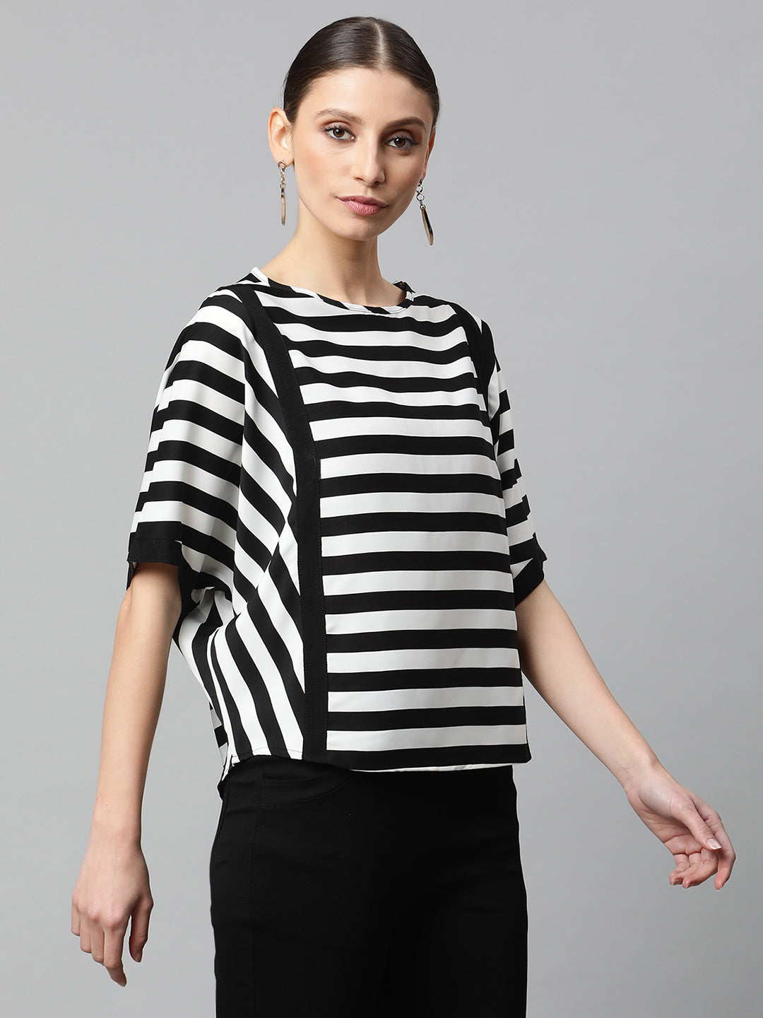 Women Regular Fit Black and White Striped Top