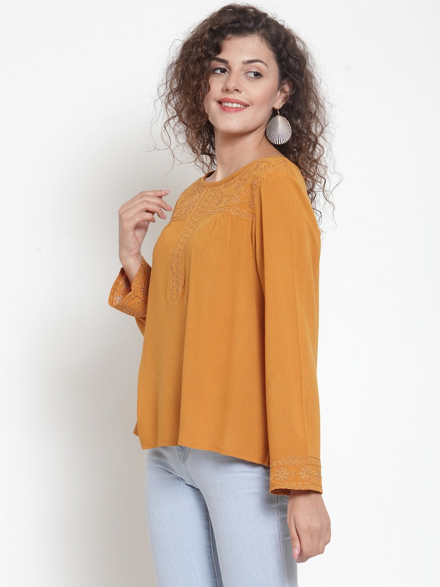 Women Mustard Chikan Embroidered Blouson Top