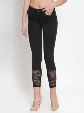 Women Black Denim Jeans With Lace