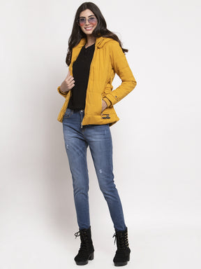 Women Mustard Solid Hooded Jacket