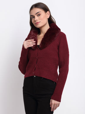 Women Maroon Collared  KNIT Cardigan