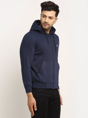 Men Navy Blue Hosiery Solid Hooded Sweatshirt