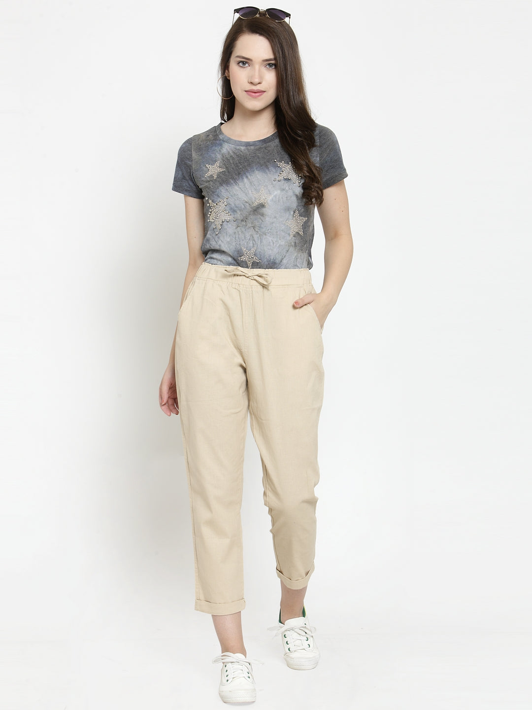 Women Beige Tapered Fit Lower With Pockets