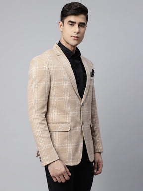 Mens Beige Tailored Fit Textured Check Pattern Coat