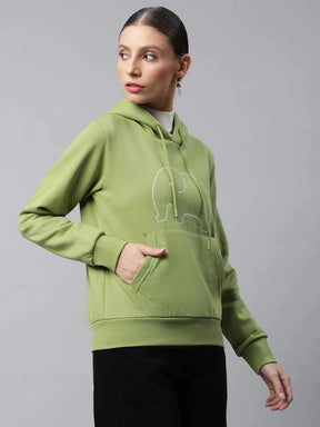 Women Green Kangaroo Pocket Elephant Loose Fit Fleece Sweatshirt