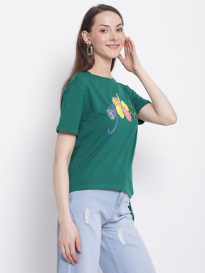 Women Green Printed Top with Knot Details at Hem