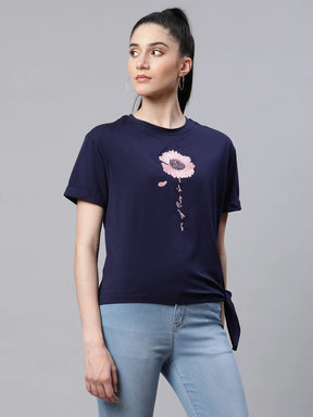 Women Embroidered Navy Blue Cotton Regular Fit Top