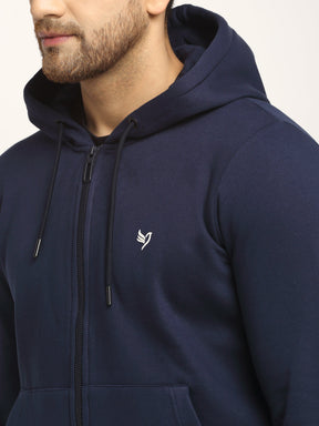 Men Navy Blue Hosiery Solid Hooded Sweatshirt