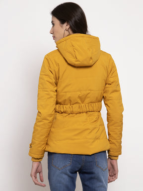 Women Mustard Solid Hooded Jacket