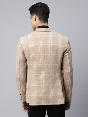 Mens Beige Tailored Fit Textured Check Pattern Coat