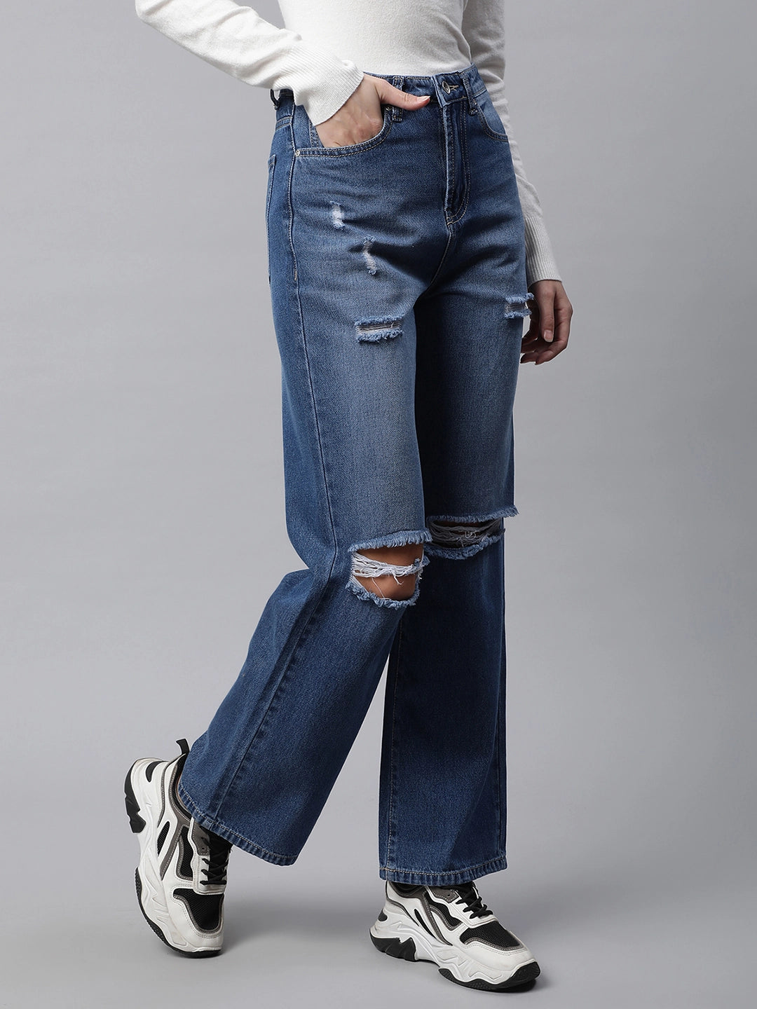 Women Mid Blue Distressed Knee Straight Leg Mid Rise Jeans